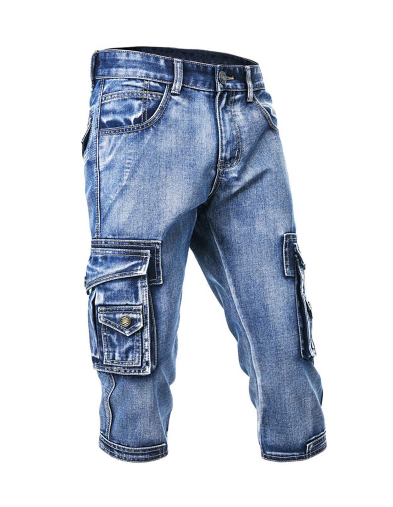 Idopy Herren 3/4 Cargo Denim Shorts Biker Jeans mit Multi Taschen
